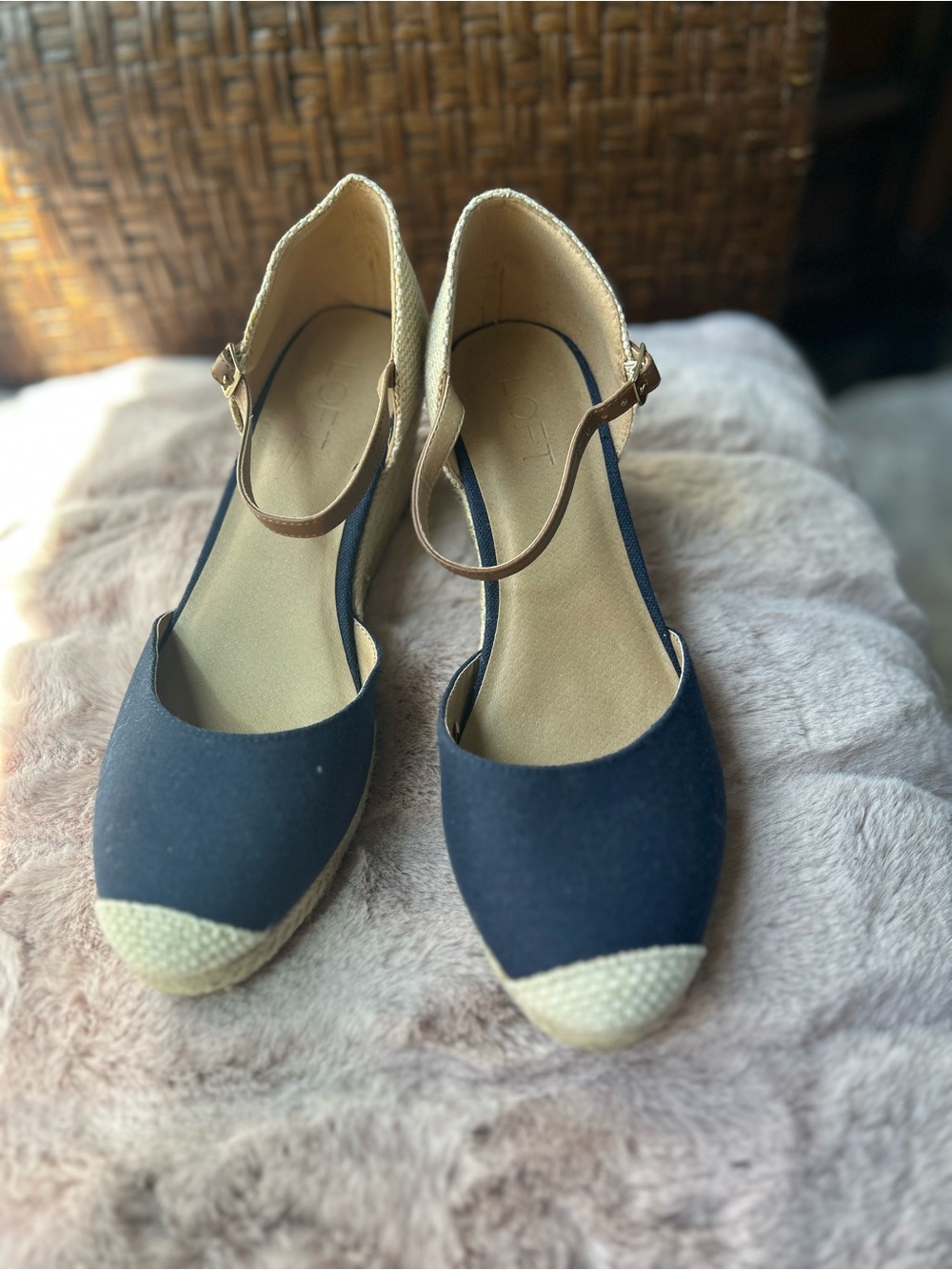 LOFT Navy Wedge Espadrille with Tan Ankle Strap